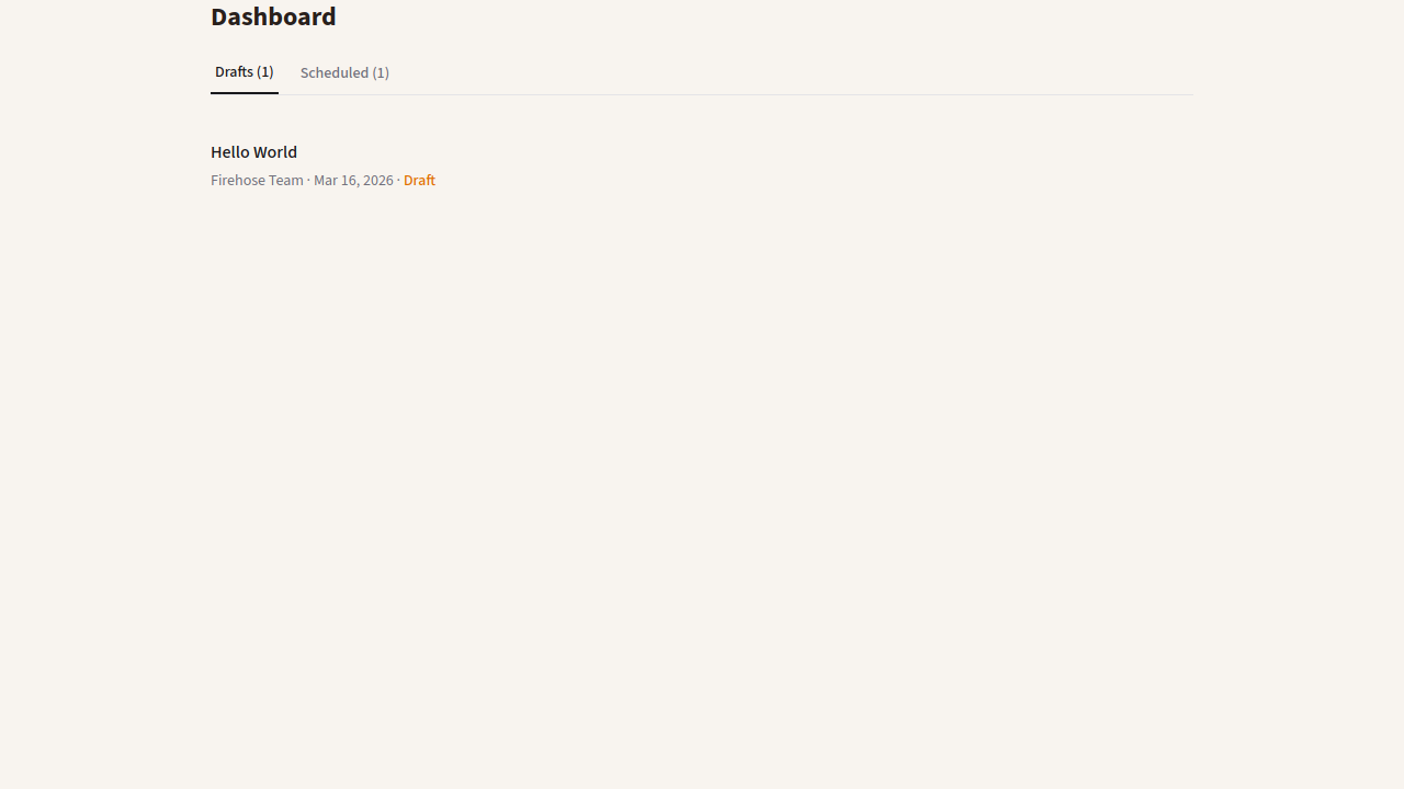 Editor dashboard showing drafts tab with draft and scheduled post counts