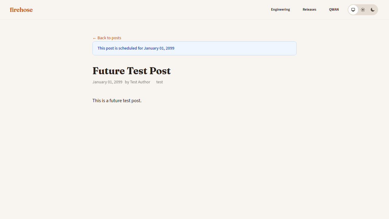 Authenticated user sees blue scheduled banner with date on future post