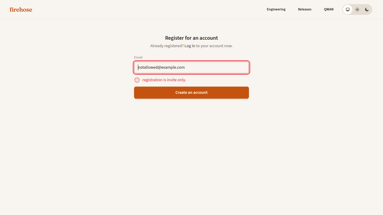 Registration rejected with invite-only message when email does not match ALLOWED_REGISTRATION_EMAIL