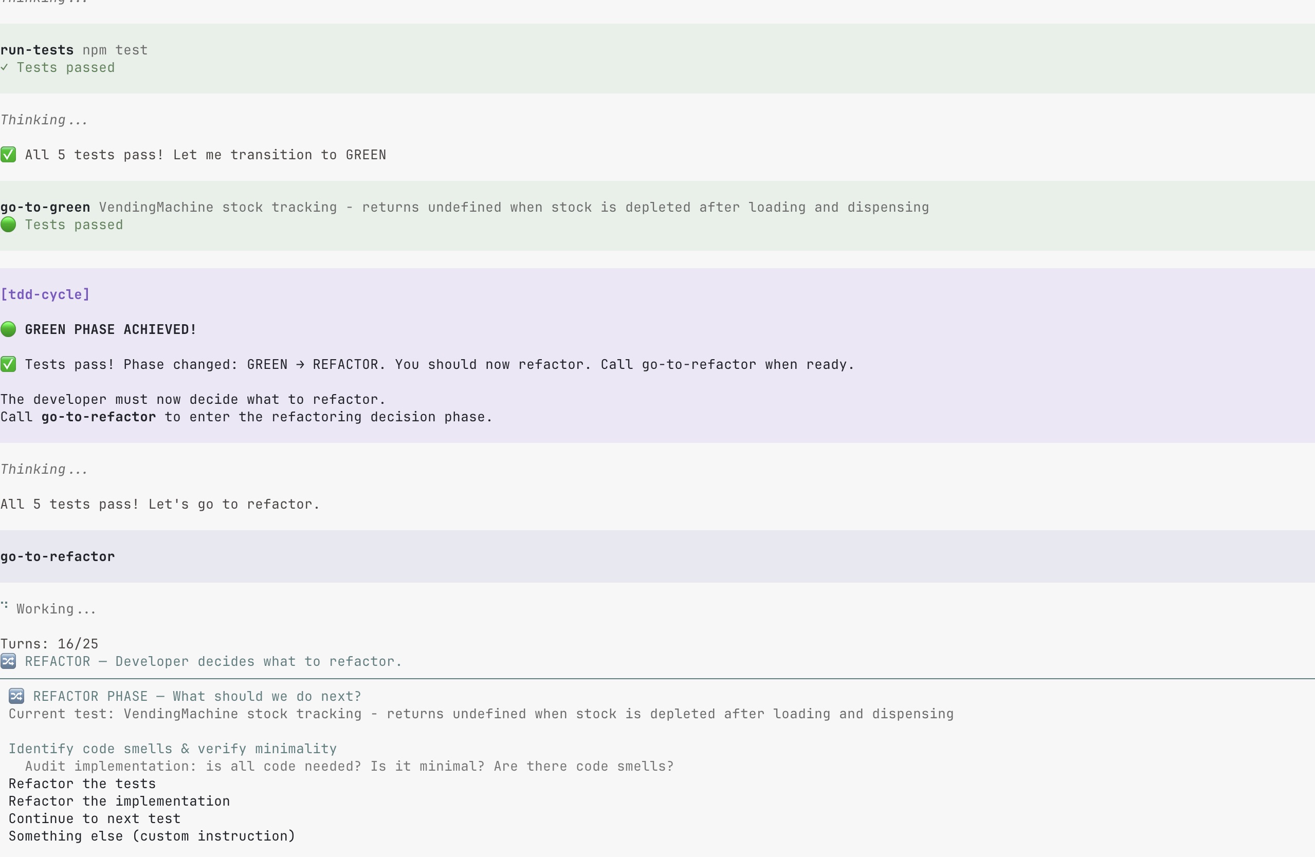 Screenshot of the widget in action. Green Phase done, Refactoring widget with developer options showing